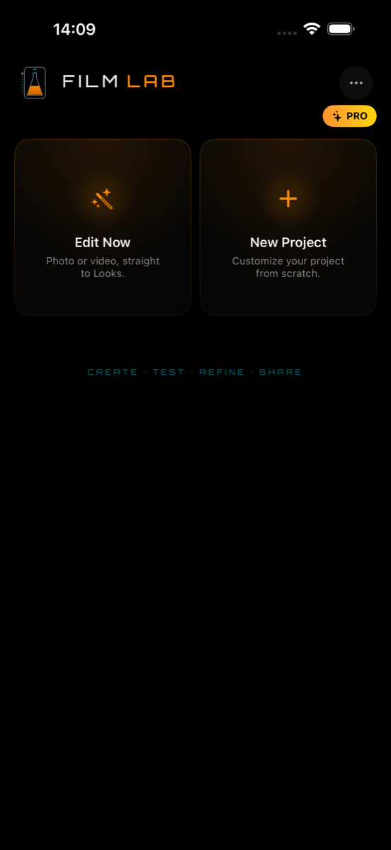 FilmLab Pro tela inicial — Edit Now e New Project