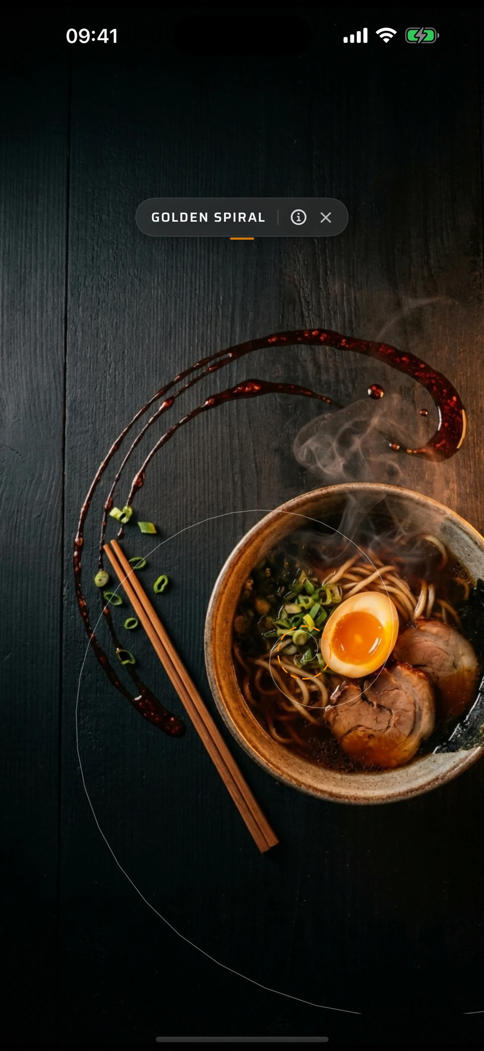 FilmLab Pro live composition guide over a ramen scene